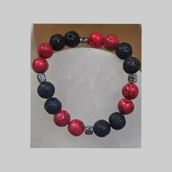 Escudo Espiritual - Pulsera de Lava Negra, Turquesa Roja y Acero Barcelona